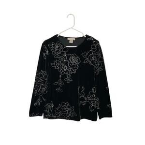 90s Style Black Velvet Floral Silver Top Allover Print Long Sleeve Small Stretch